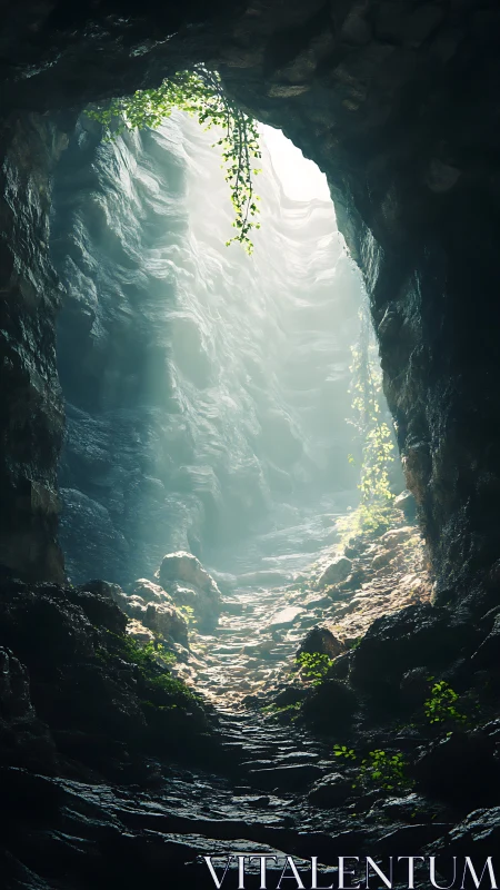 Backlit limestone cave shaft shows moist rocks and rising path