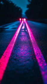 Neon pink road lines on wet asphalt at night perspective.
