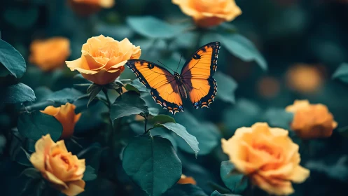 Orange butterfly resting among yellow roses in garden.