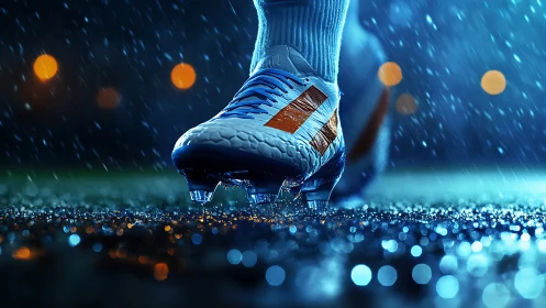 Football boot sole contacts wet pitch surface under rainfall