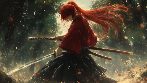 Red haired samurai poised in forest with twin katanas.