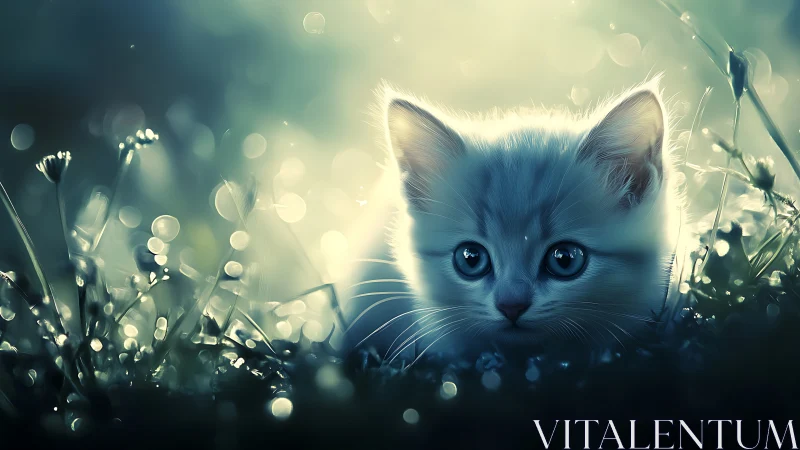 White kitten with blue eyes surrounded by glowing meadow bokeh.