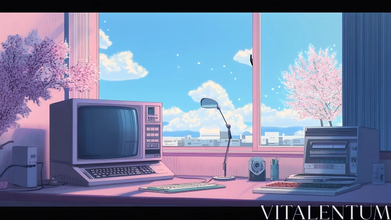 Retro computer desk under clear sky and cherry blossoms.