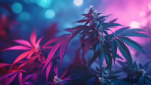 Cannabis plant under vivid pink and blue studio lighting.