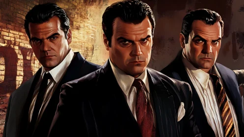 Three intense suited men share a tense, dramatic moment