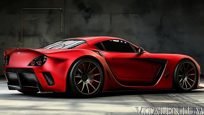Red mid‑engine sports car rendered in a dim industrial garage