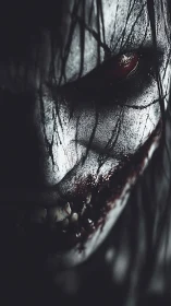 Macro close-up of cracked demonic face with bloodied mouth