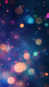 Colorful bokeh orbs drift through deep blue cosmic field