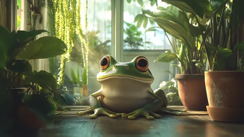 Curious tree frog rests serenely amid sunlit houseplants.