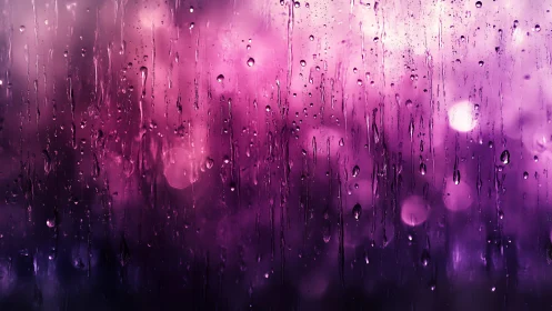 Violet rain whispers on glassy nightlit windowpane.