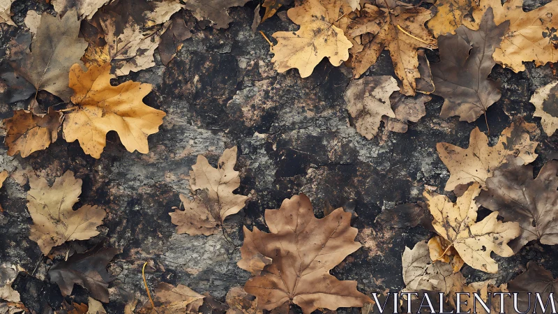 Crisp autumn oak leaves scattered on textured forest floor.