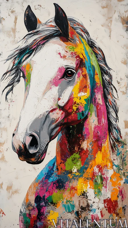 Color splashed horse portrait bursting with lively character.