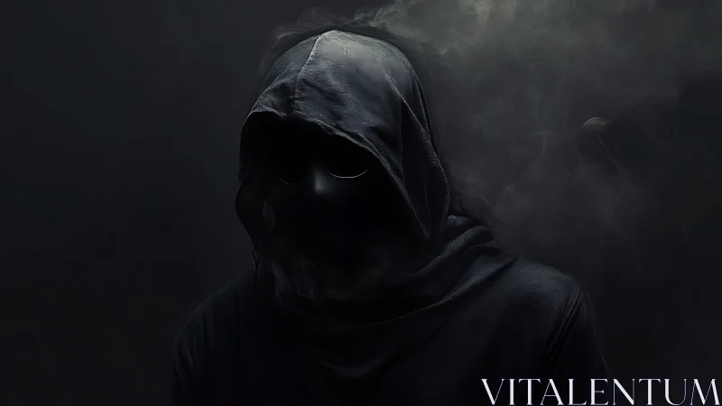 Hooded shadow figure emerges from dark smoke filled void