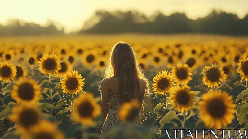 Woman with long hair standing alone in wide sunflower field.
