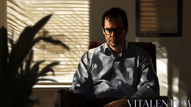 Man in glasses sits in shadowed room lit by window blinds