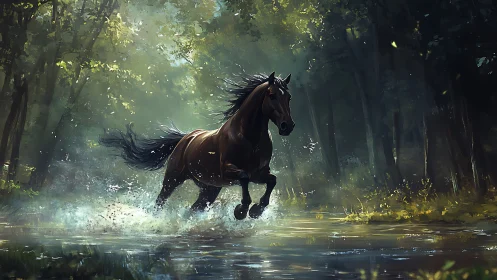 Galloping bay horse cutting through a sunlit forest stream.