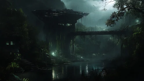 Rain-soaked elevated structure in overgrown river valley.