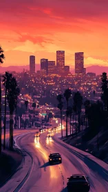 Sunset city freeway with palm trees and glowing traffic.