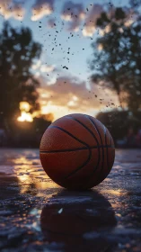 Basketball on wet outdoor court at sunset in shallow focus.