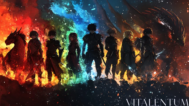 Elemental dragon riders aligned in blazing spectral arc.