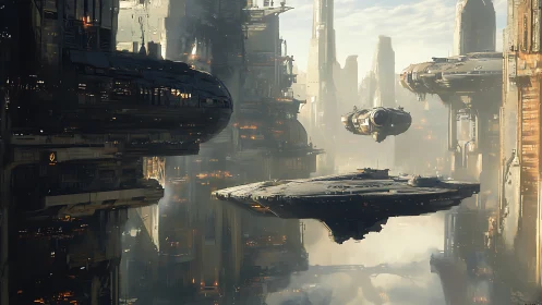 Futuristic megacity skyline with massive hovering starships.