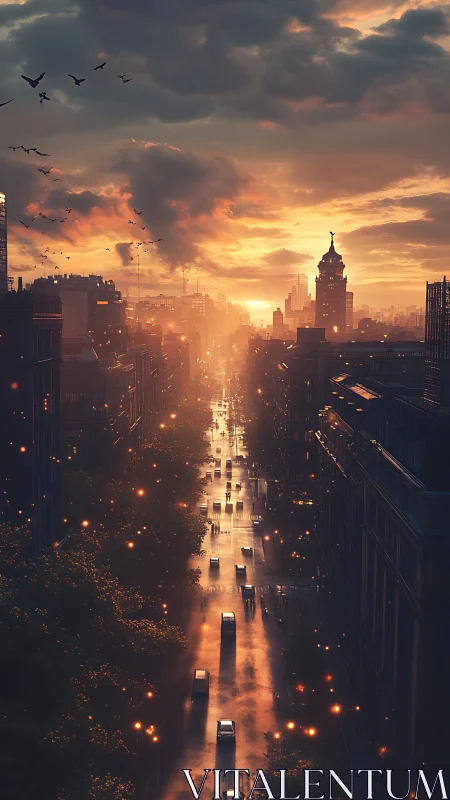 Sunlit city avenue glows through stormy golden dusk.