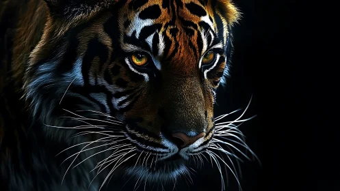 Predatory tiger portrait under dramatic low key lighting.
