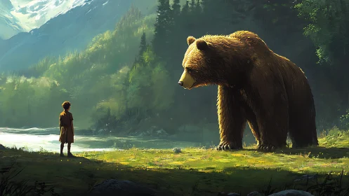 Child confronts monumental bear in sunlit alpine clearing.