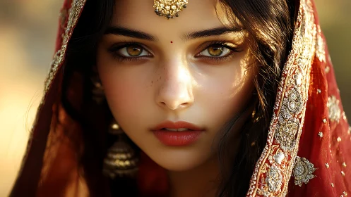 Photorealistic bridal portrait with jeweled textile detailing.