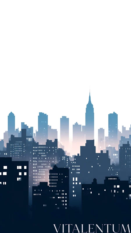 Minimalist dusk city skyline in layered geometric silhouettes.