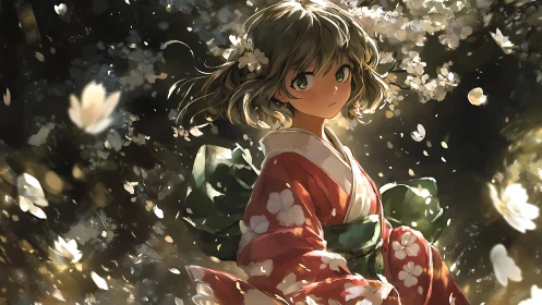 Girl in red kimono stands beneath glowing cherry blossoms