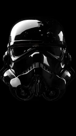 Black reflective sci‑fi helmet in centered frontal view.