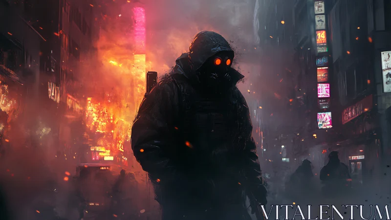 Hooded sentinel in burning neon alleyway at nightfall.