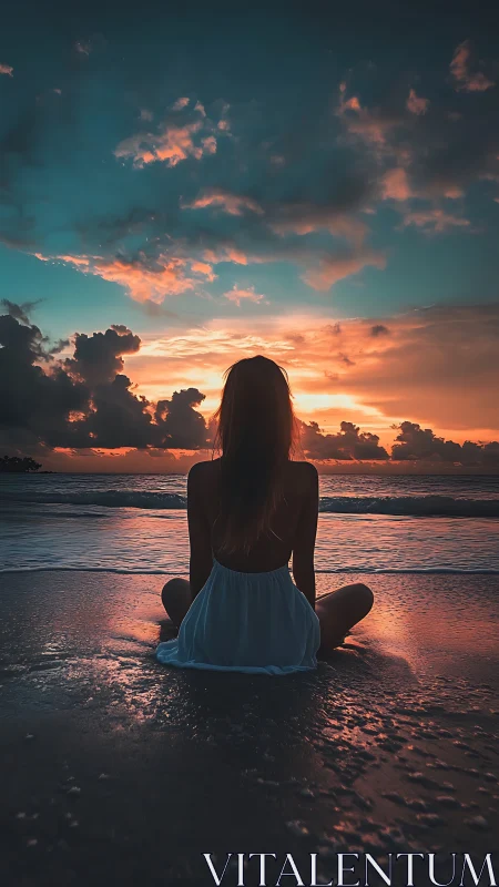 Silhouetted woman seated on wet shoreline at vivid sunset