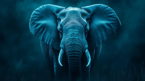Majestic blue elephant emerges from a moody twilight mist.