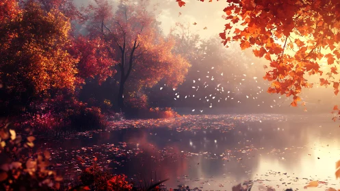 Golden autumn lake glows softly under drifting leaves