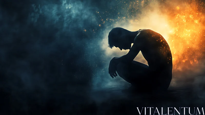 Silhouetted figure in kneeling pose amid dual-phase nebular fire.