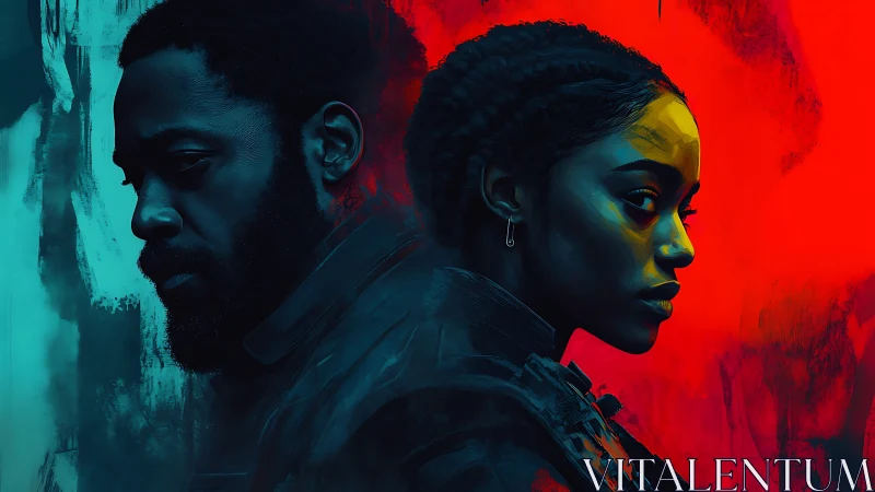 Dual portraits divide neon teal and crimson conflict.