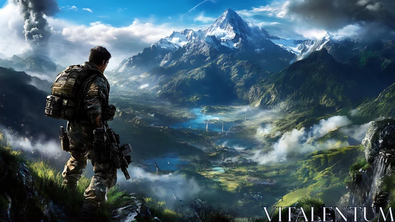 Lone explorer gazes over a vast, misty mountain valley.
