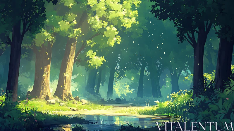 Luminescent forest cathedral with cathedral rays and reflective water channel.