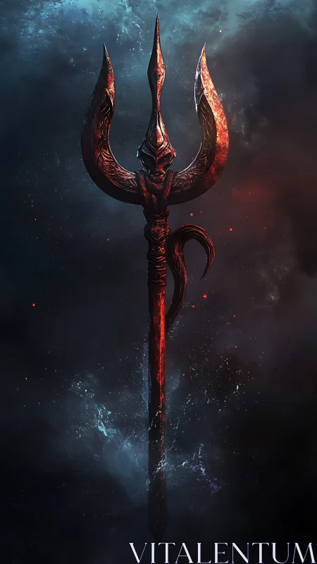 Fiery demonic trident rises from swirling cosmic mist.