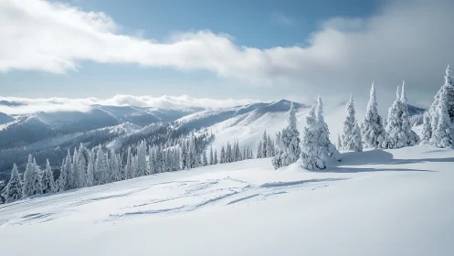 Snow covered mountain ridge under soft winter daylight