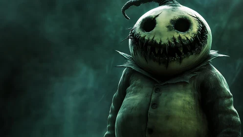 Night wanderer with a stitched pumpkin grin stands watching