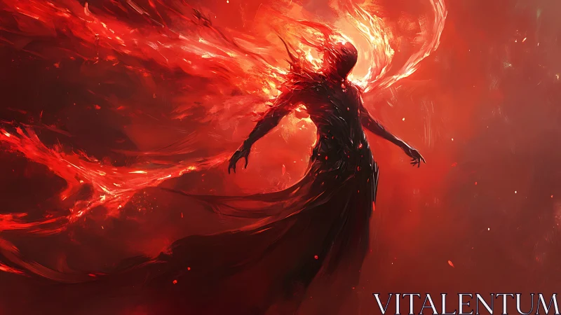 Humanoid silhouette stands within dense red energy field