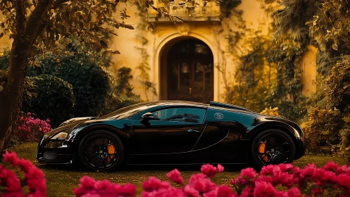 Glossy black hypercar side profile in romantic garden courtyard