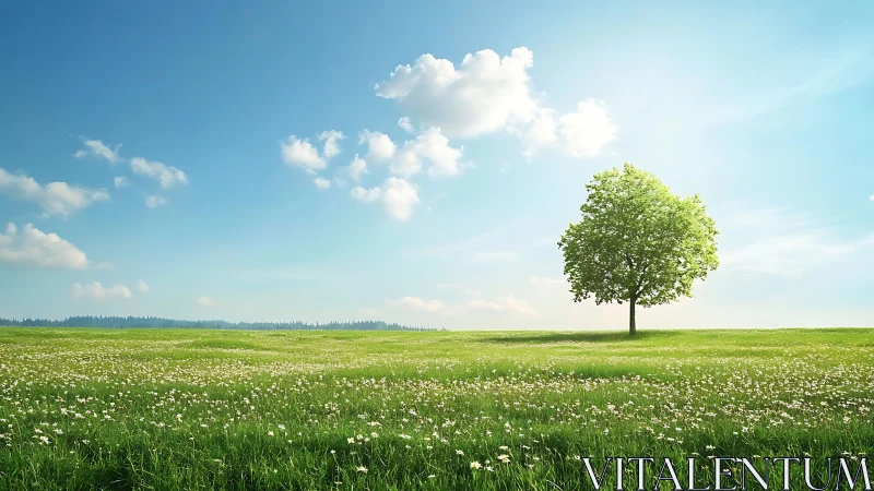 Lone green tree stands in open flowered meadow under sky.