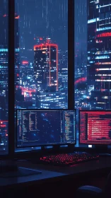 Rainlit hacker nest above neon city code storms at night.