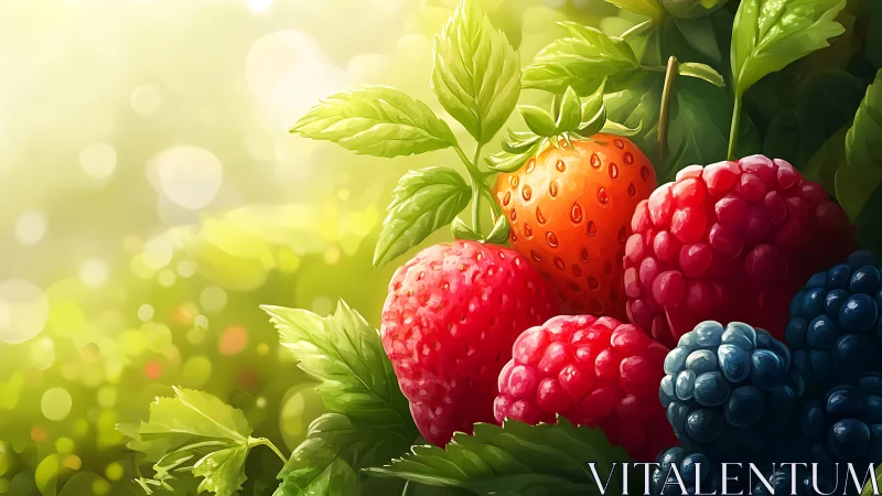 Sunlit garden berries glow with fresh, dewy ripeness