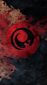 Twin serpent emblem coils within distressed red circle.