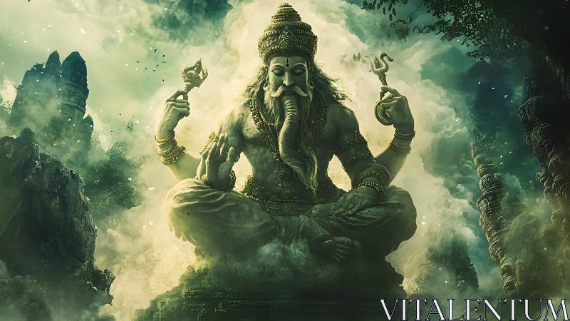 Mythological elephant‑headed deity statue in misty landscape.